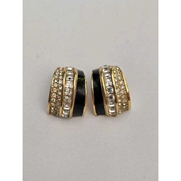 Vintage Gold tone CHRISTIAN DIOR Clip Earrings Clear Rhinestones Black Enamel - Picture 1 of 9